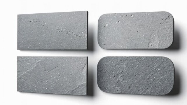 Set of natural gray stone texture samples with rectangular and rounded shapes isolated on white background