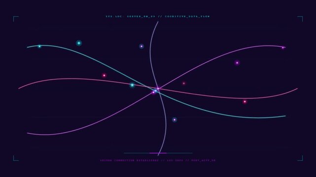 Glowing particles moving along neon curved lines in data visualization