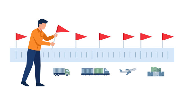 Professional logistics manager planning supply chain milestones with red flags on timeline flat design vector illustration
