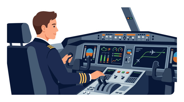 Professional male pilot operating advanced airplane cockpit with digital navigation displays flat vector illustration.