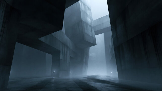 Foggy brutalist concrete structure monumental concrete architecture misty urban corridor dark geometric slab towering abstract building moody industrial scene futuristic concrete passage low light