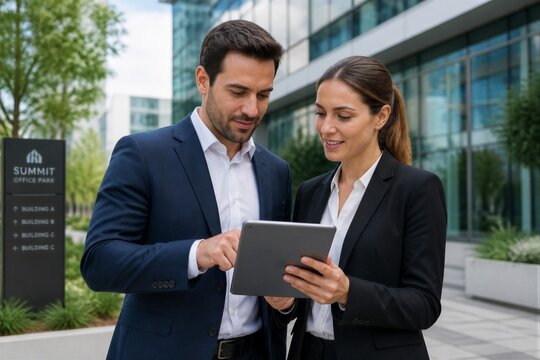 Two business professionals look at a tablet while talking outside Summit Office Park. The setting is modern and urban with buildings nearby.