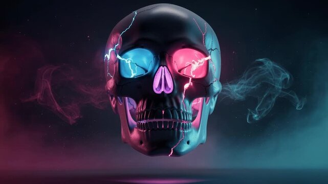 Futuristic glowing skull with neon blue and pink lighting and smoke effects on dark background