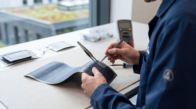 Technician repairing flexible solar panel cells with precision tools, renewable energy technology maintenance, photovoltaic module assembly process