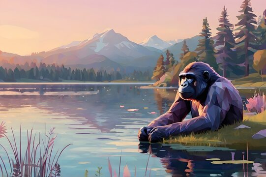Playful Gorilla Contemplating Water at Sunset by Mountain Lake