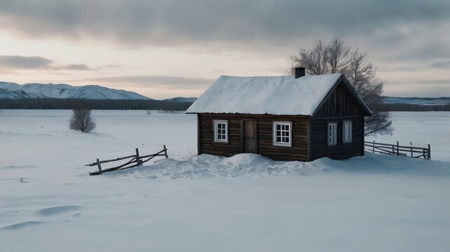 Cozy Dark Wooden Cabin Covered in Snow in Open Winter Field