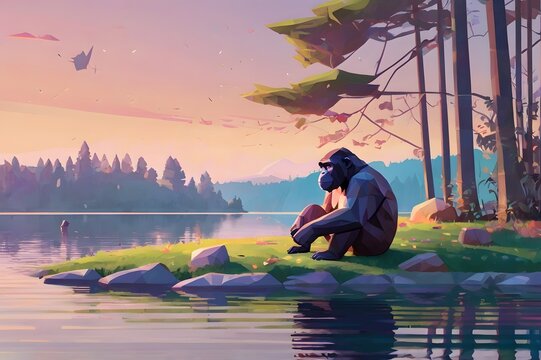 Solitary Gorilla Sitting by Calm Lake at Sunset