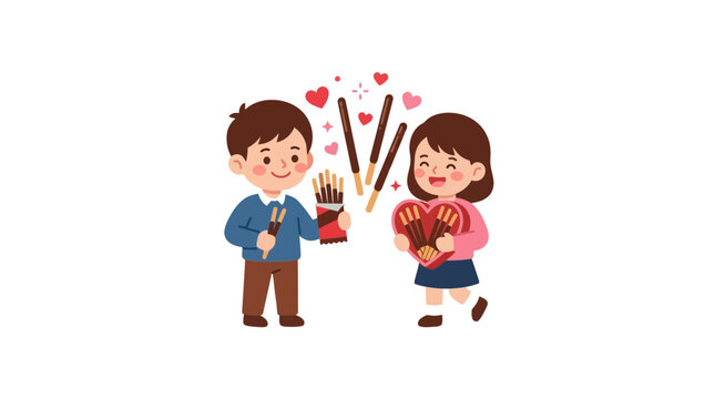 Cute Kids Playing with Chocolate Pocky Sticks and Smiling