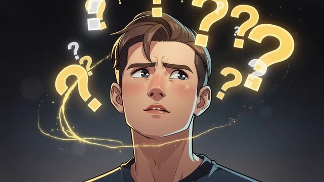 Thoughtful young man surrounded by glowing question marks confused and pondering ideas concept