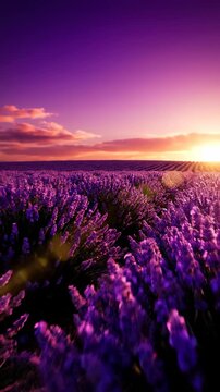Vibrant lavender field at sunset with purple sky and sun flare, beautiful nature landscape