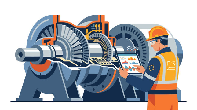 Industrial engineer analyzing turbine machinery performance using digital tablet data flat design vector illustration
