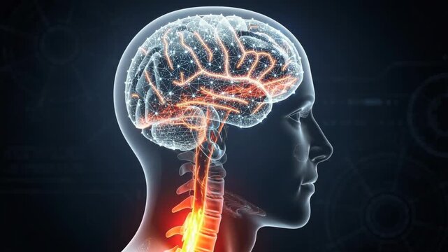Human brain and spinal cord anatomy with glowing neural connections and digital medical illustration
