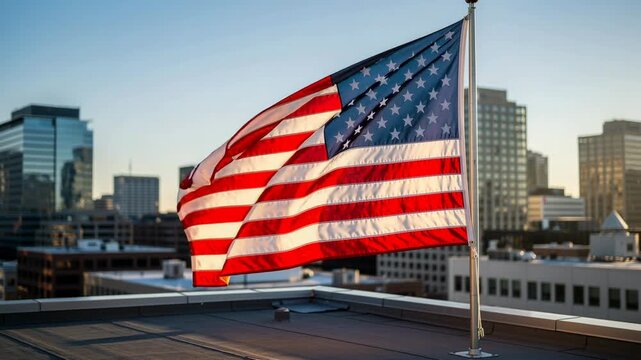 American flag waving on rooftop with city skyline background during sunset