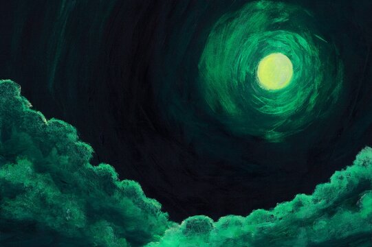 acrylic painting of a luminous green moon in a fantasy style shines above rolling clouds in a mysterious night sky. illustration of  glowing green moon in the darkness of night.