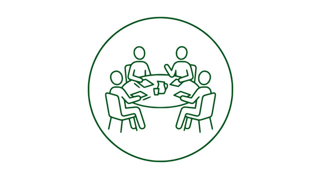 Team meeting around a table, discussion and collaboration icon