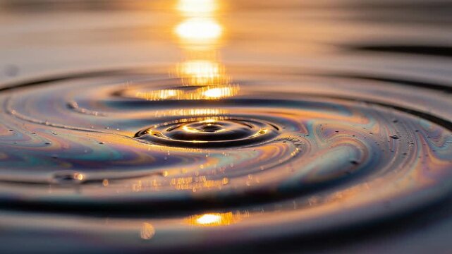Colorful oil slick on water surface with ripples reflecting golden sunset light