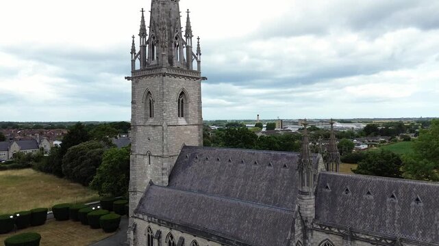 St Margaret's Marble church aerial view rising up the neo gothic spire steeple tower in Rhyl parish