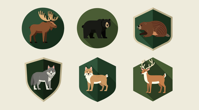 Wild Animal Icons: Moose, Bear, Beaver, Wolf, Dog, Deer