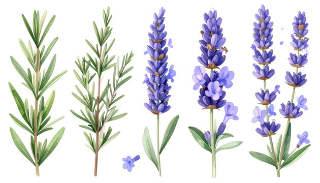 PNGMURNI--transparent background Firefly A collection of watercolor botanical illustrations featuring sprigs of rosemary