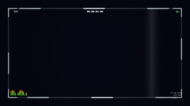 Camera viewfinder overlay with digital interface, audio meter, and recording indicator, dark futuristic background, technology