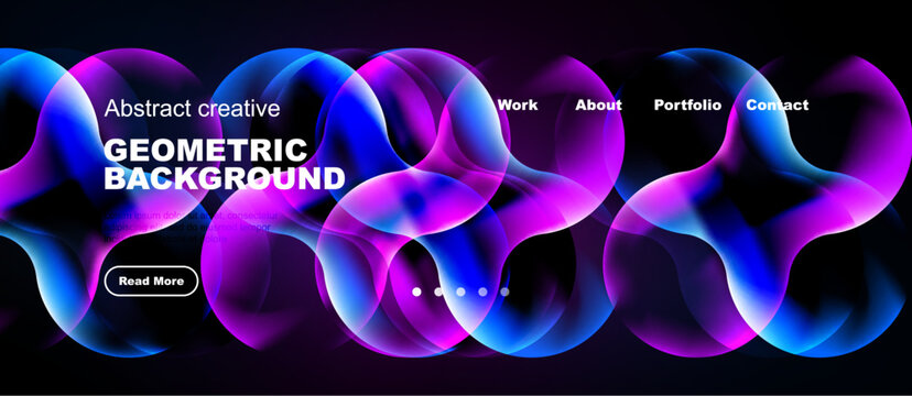 Vibrant abstract waves form dynamic background. Text overlays include work, about, portfolio, contact options. Button invites further exploration.