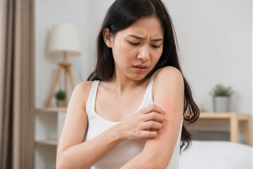 Naklejka premium A woman is sitting in her home and scratching her arm. She looks concerned as she examines a rash. The space is bright with simple furniture around her.