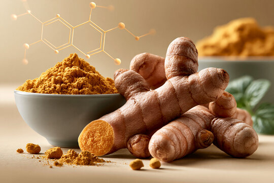 Fresh turmeric roots and turmeric powder with subtle curcumin overlays showcasing anti inflammatory nutrition science and functional food wellness