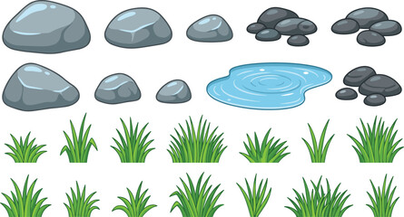Rocks Grass and Water Puddle Vector Set Nature Elements Stone Boulder Grass Bush Cartoon Icon Collection Illustration © MST