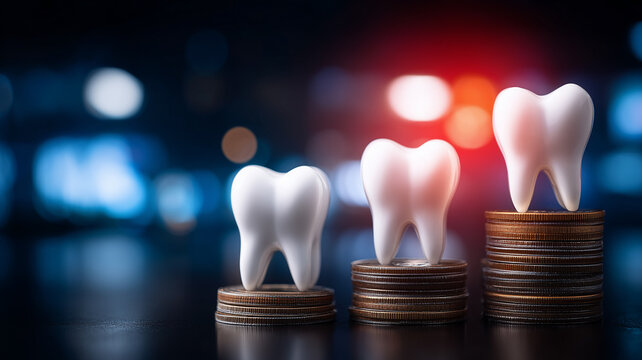 Teeth rising on stacked coins, representing dental care costs, oral health investment, and insurance planning.
