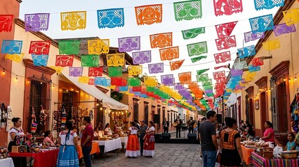 Obraz premium Vibrant colorful paper banners decorate festive outdoor street scene