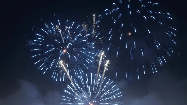Bright blue and white fireworks exploding in the night sky during festive celebration