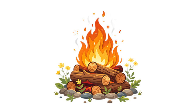 Stylized campfire illustration featuring stacked logs with flat vector illustration