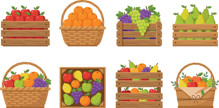 Fresh Fruit Basket and Crate Icon Set with Organic Harvest Symbols for Agriculture Grocery Store Designs