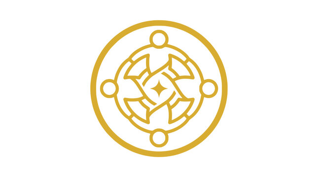 Golden circular emblem with stylized figures in interconnected unity and teamwork concept