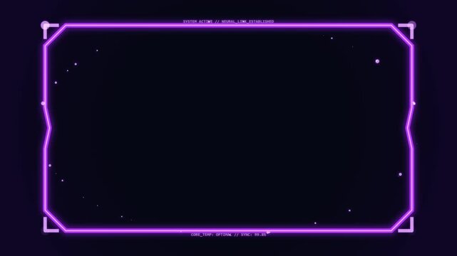 Glowing neon purple futuristic frame overlay with digital elements and bokeh, sci-fi interface background
