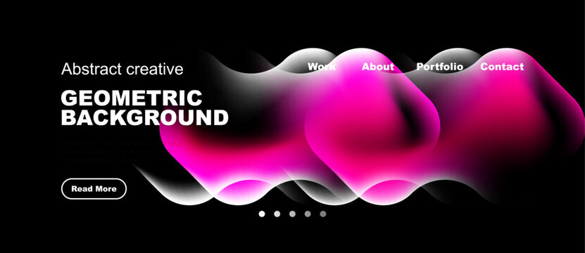 Dark background features vibrant pink, white fluid shapes. Website navigation includes work, about, portfolio, contact options. Read more button visible.