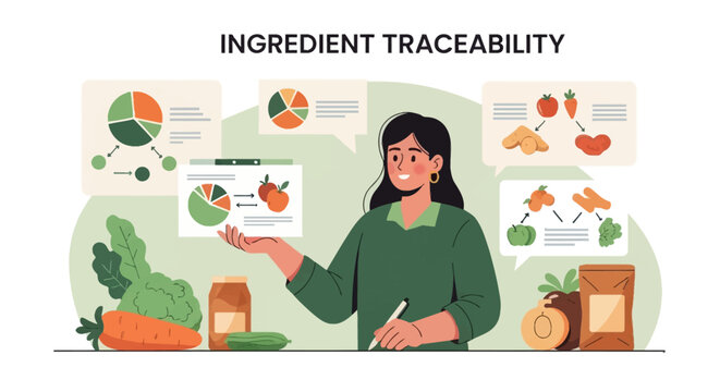 Vector illustration of a female food specialist presenting ingredient traceability concept with data charts, flowcharts of vegetables, pie graphs, fresh produce, and packaged goods.
