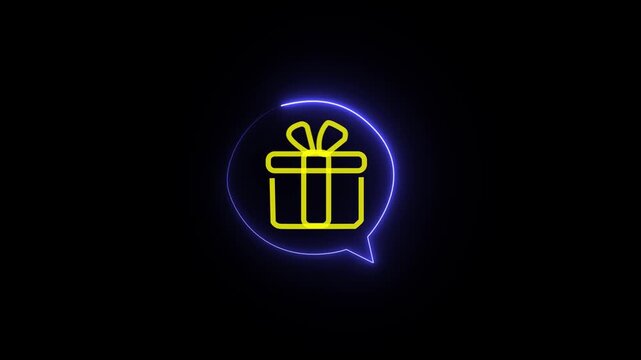 Giftbox icon glowing in a vibrant yellow neon speech bubble sits prominently against a black background, serving as a bright indicator for special offers or customer engagement digital alerts.