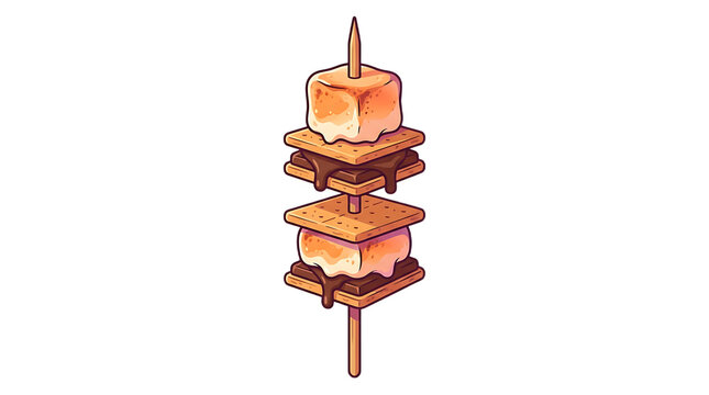 Stacked roasted marshmallow and chocolate cracker skewer illustration