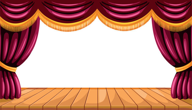 Red theater stage curtains background vector icon, empty wooden floor preview template for show performance