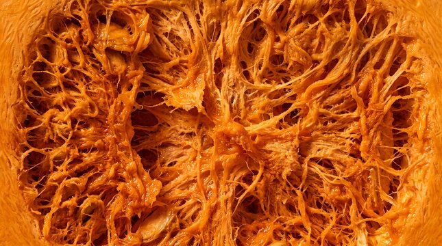 Close-up texture of pumpkin interior, organic and natural pattern autumn concept, texture background, copy space