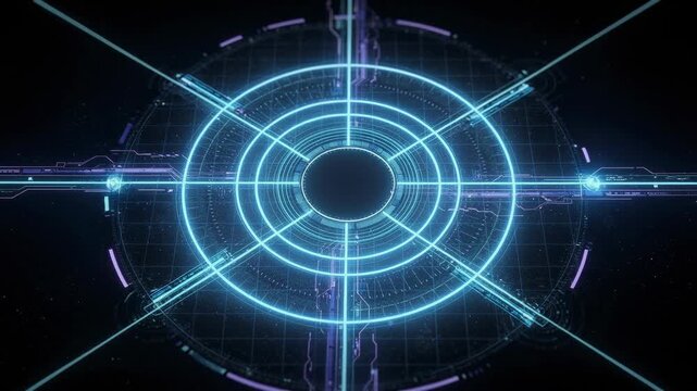 Futuristic glowing blue and purple digital interface with circular geometric design and technology grid background