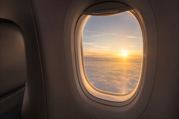 Fototapeta premium Golden sunrise reflection on an airplane window above white clouds, minimal commercial stock photography. 
