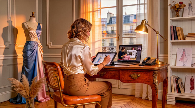 An elegant female fashion designer sits at a classic wooden desk, sketching a gown on a digital tablet while working in a luxury studio with a Paris window view at sunset.