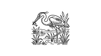 Obraz premium Dynamic Black and White Line Drawing of a Crane Standing in Marshy Wetland Habitat with high quality professional line art symbols for modern creative design and digital branding projects