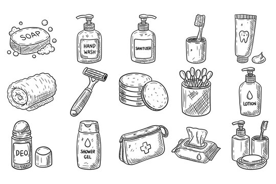 Hand Drawn Personal Hygiene Doodle Icon Set Bathroom Essentials Toiletries and Daily Care Sketch Vector Collection