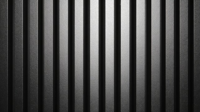 Black metal siding fence with vertical striped texture background, modern industrial steel panel surface, dark architectural cladding pattern, minimal urban construction wall, seamless linear metal de