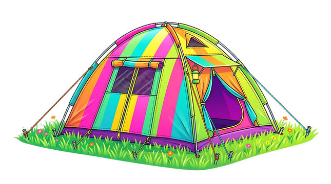 Vibrant striped camping tent set up on a sunny patch of green grass illustration