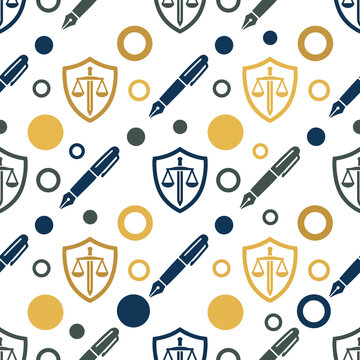 Law and Justice Vector Pattern with Scales of Justice and Pens