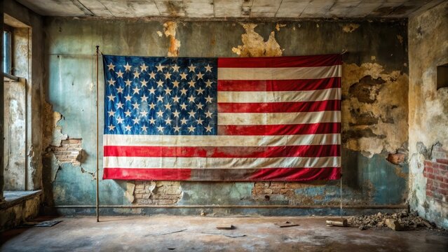 A worn and faded US state flag hanging disheveled on a dingy wall with peeling paint in a neglected